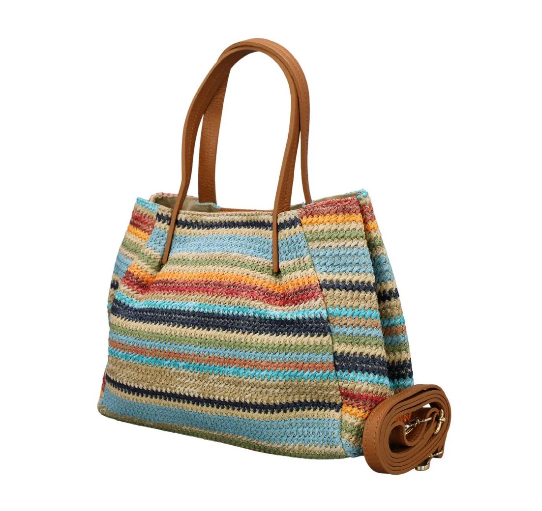 Adel Bags Schultertasche RITA Strohtasche für Damen, mit Leder, ideal für Sommer & Urlaub, hergestellt in Itailen