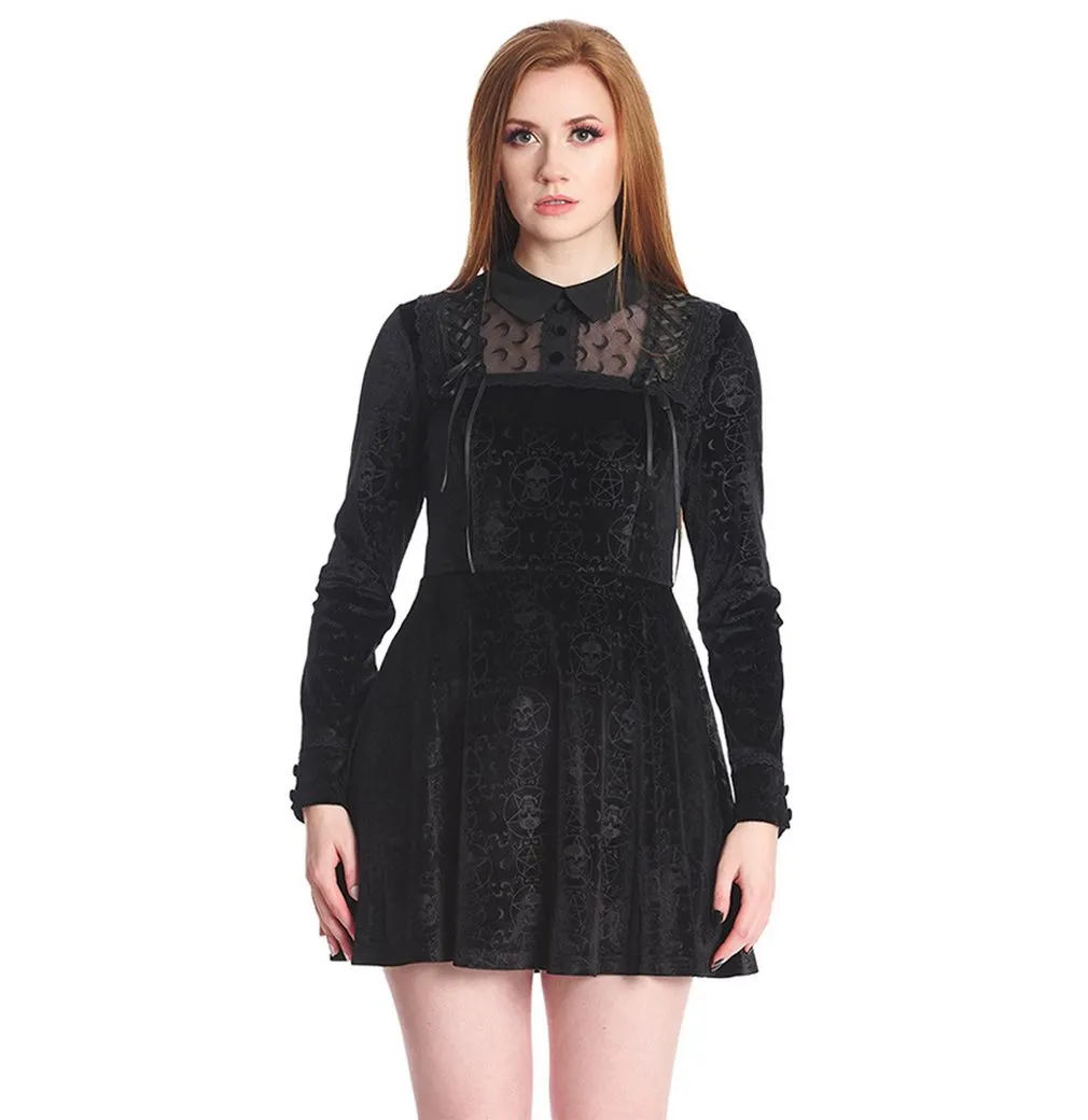 BANNED A-Linien-Kleid Melancholie Gothic Dress Totenkopf Pentagramm Samtkleid