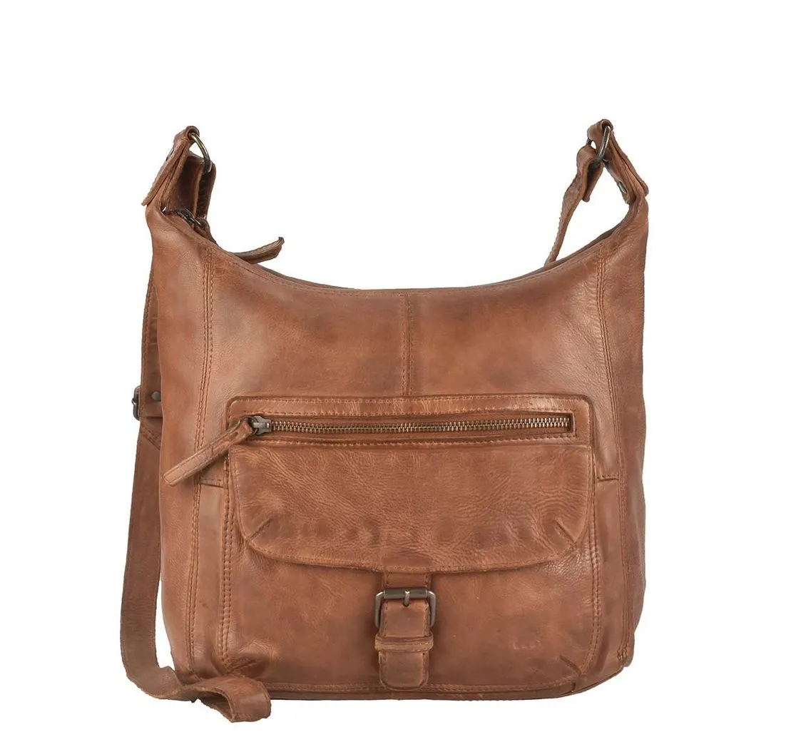 Bear Design Umhängetasche "Anna" Cow Lavato Leder Umhänger Schultertasche 30x27cm, Handtasche, Shopper, Damen Schultertasche 30x27cm, knautschig cognac