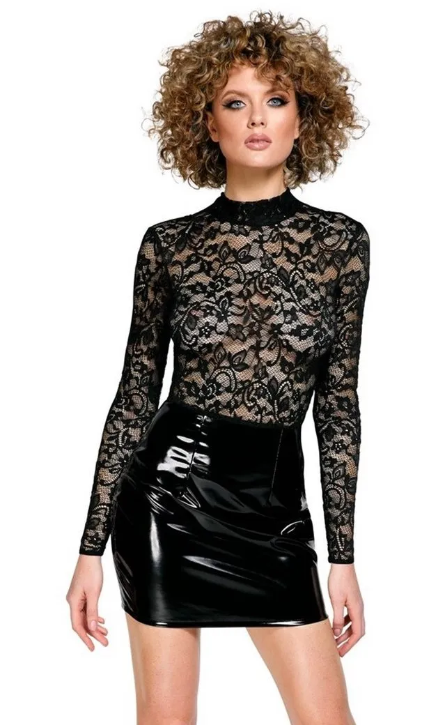 BLACK LEVEL Minikleid langarm, Mix aus Spitze und Lack-Optik