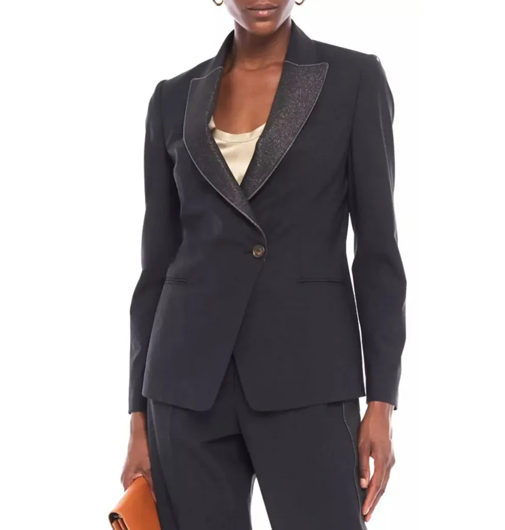 BRUNELLO CUCINELLI Jackenblazer Einreihiger Jacke mit Metallic-Crêpe-Besatz und Perlenverzierung Spitzrevers mit funkelnden Stoffakzenten