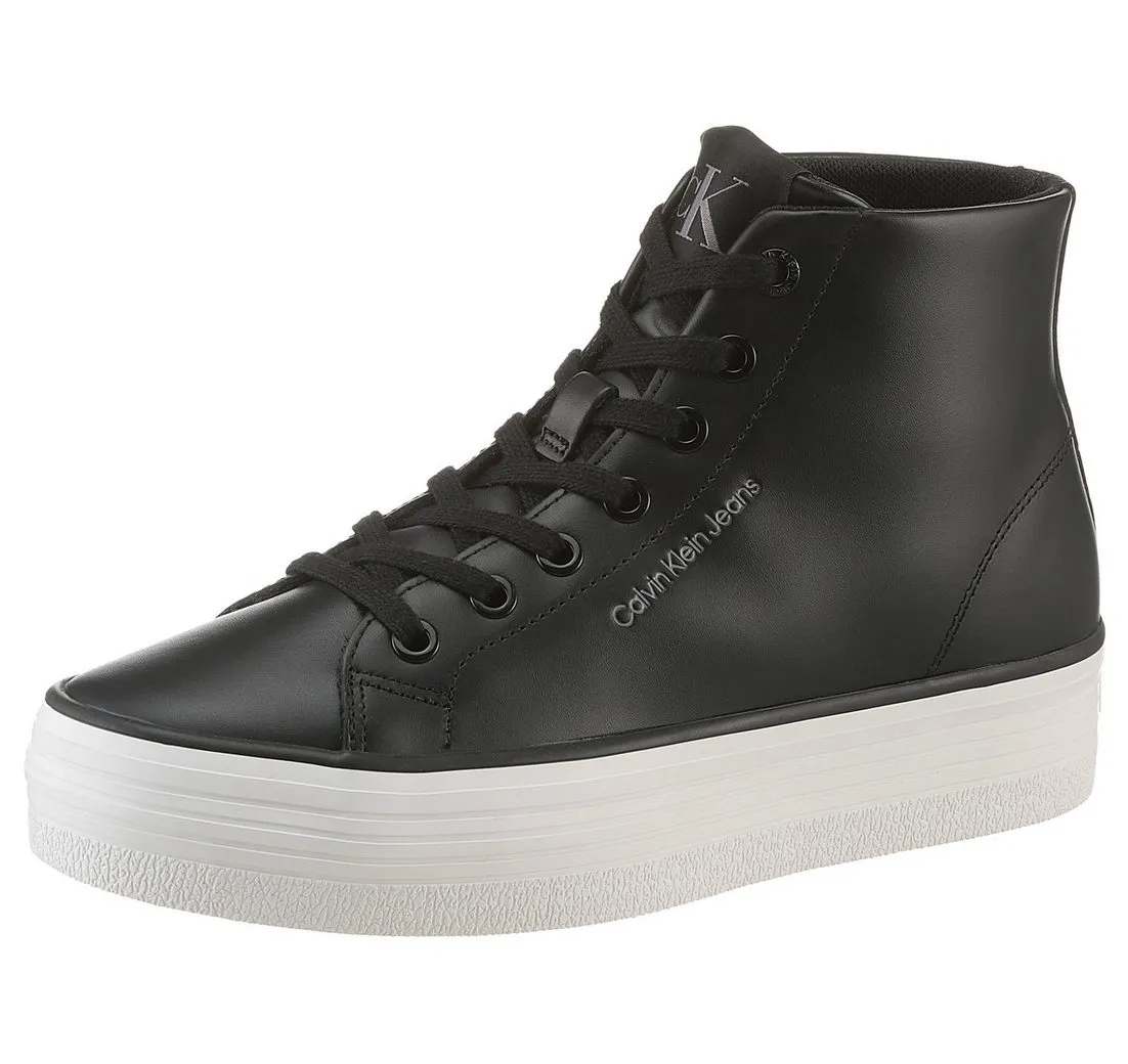 CALVIN KLEIN JEANS BOLD VULC FLATF MID LTH IN Plateausneaker, High Top Sneaker, Schnürboots mit CK Logo an der Ferse