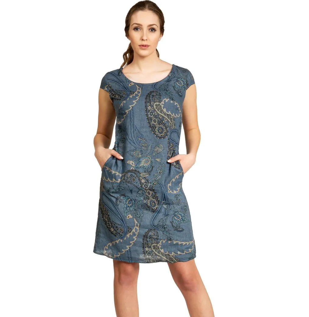 CASPAR Sommerkleid SKL022 Damen Sommer Leinenkleid mit Paisley Print bis Größe 50 Luftig leicht, figurumspielende Form, mit seitlichem Jersey-Einsatz