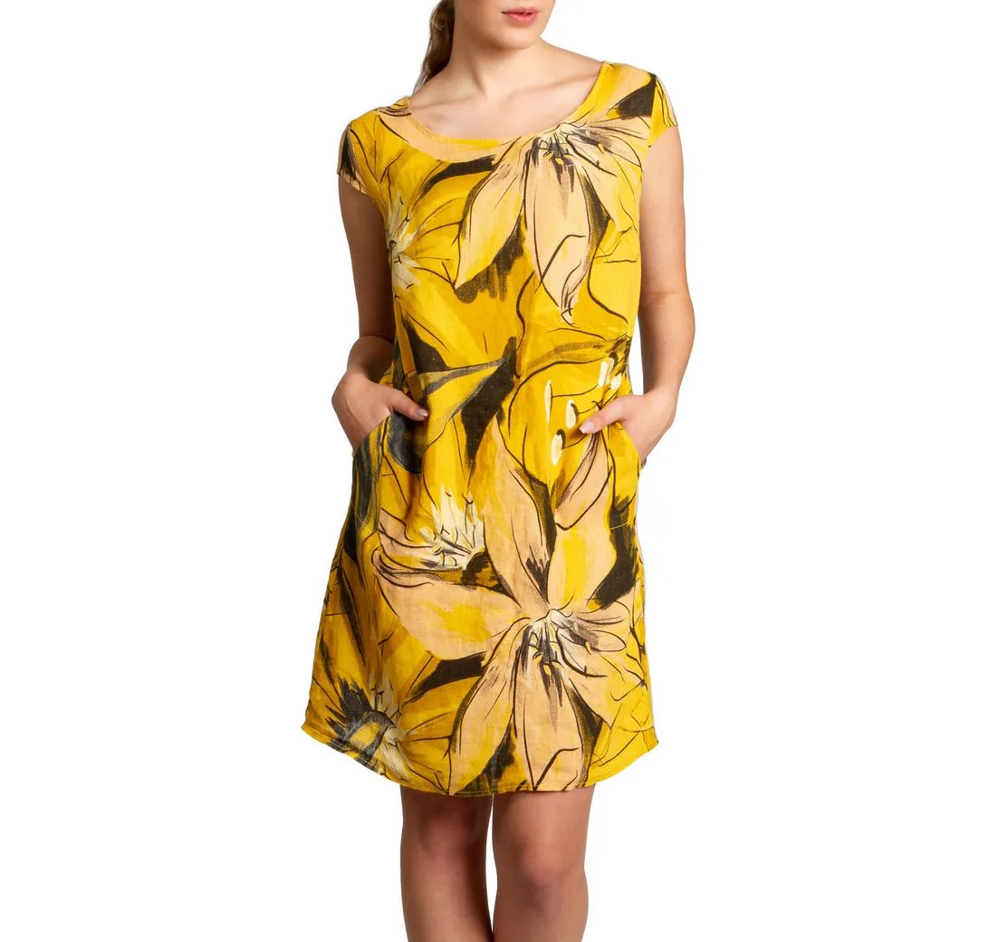 CASPAR Sommerkleid SKL035 knielanges elegantes Damen Leinenkleid mit Blüten Print Luftig leicht, figurumspielende Form, mit seitlichem Jersey-Einsatz