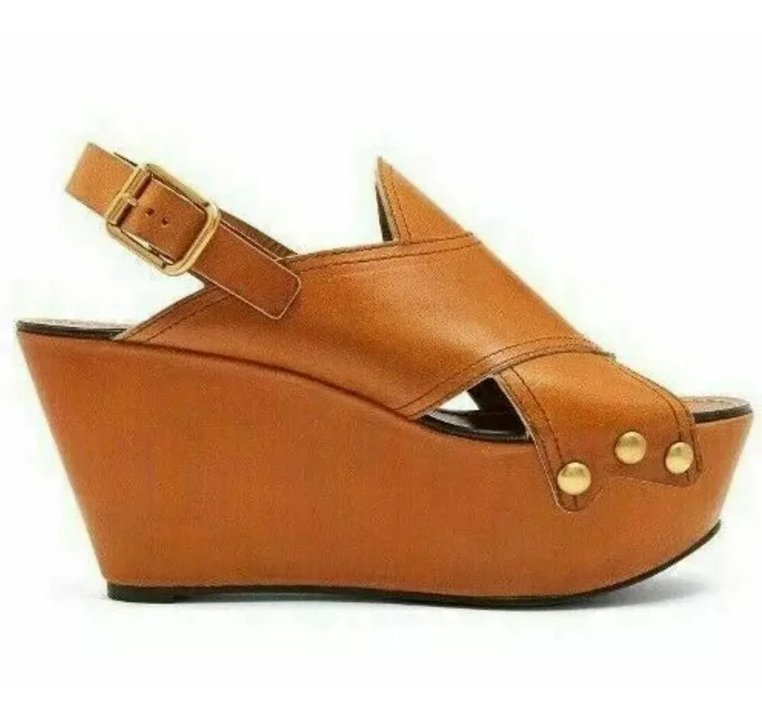CHLOÉ Platform Wedges Sandalen Schuhe Wedgesneaker Metallnieten, Slingback-Design, Crossover-Lederbänder