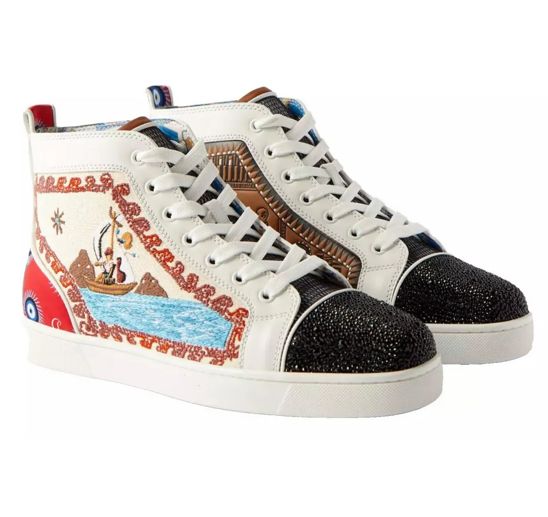 CHRISTIAN LOUBOUTIN Bestickte No Limit Greek Boat Leder Boots Sneaker bestickte Bootsszene, Böse-Auge-Druck, Rote Gummisohle