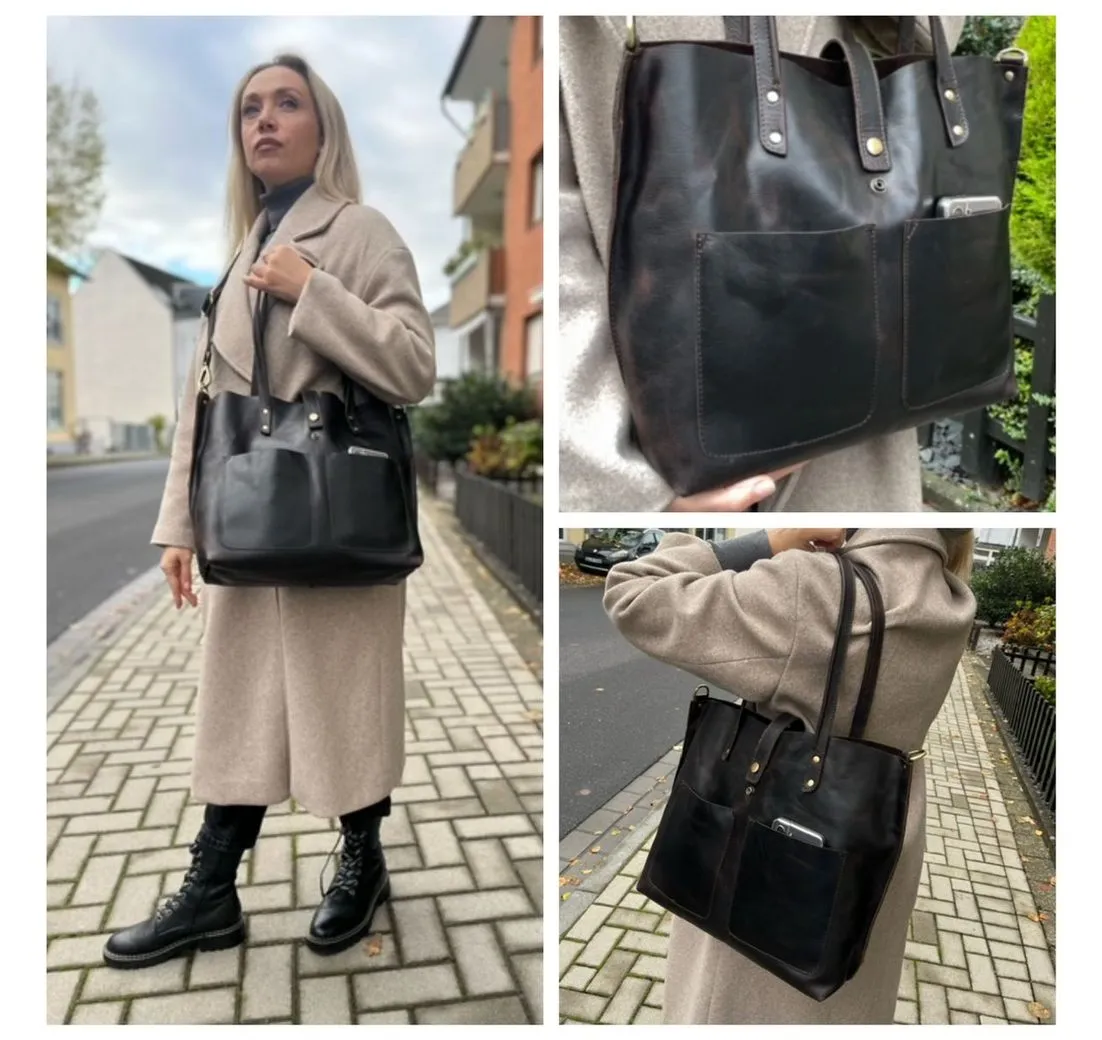 Corno d´Oro Schultertasche Damen Leder Groß Handmade Shopper braun, mit breitem verstellbarem Schultergurt; Vintage Leder