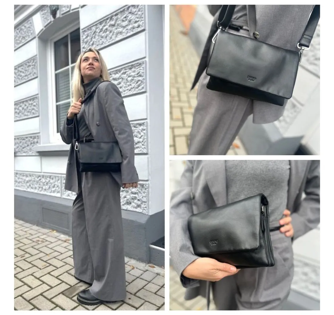 Corno d´Oro Schultertasche Damen Leder Handmade Kleine Umhängetasche Echt Leder schwarz, mit breitem verstellbarem Schultergurt;
