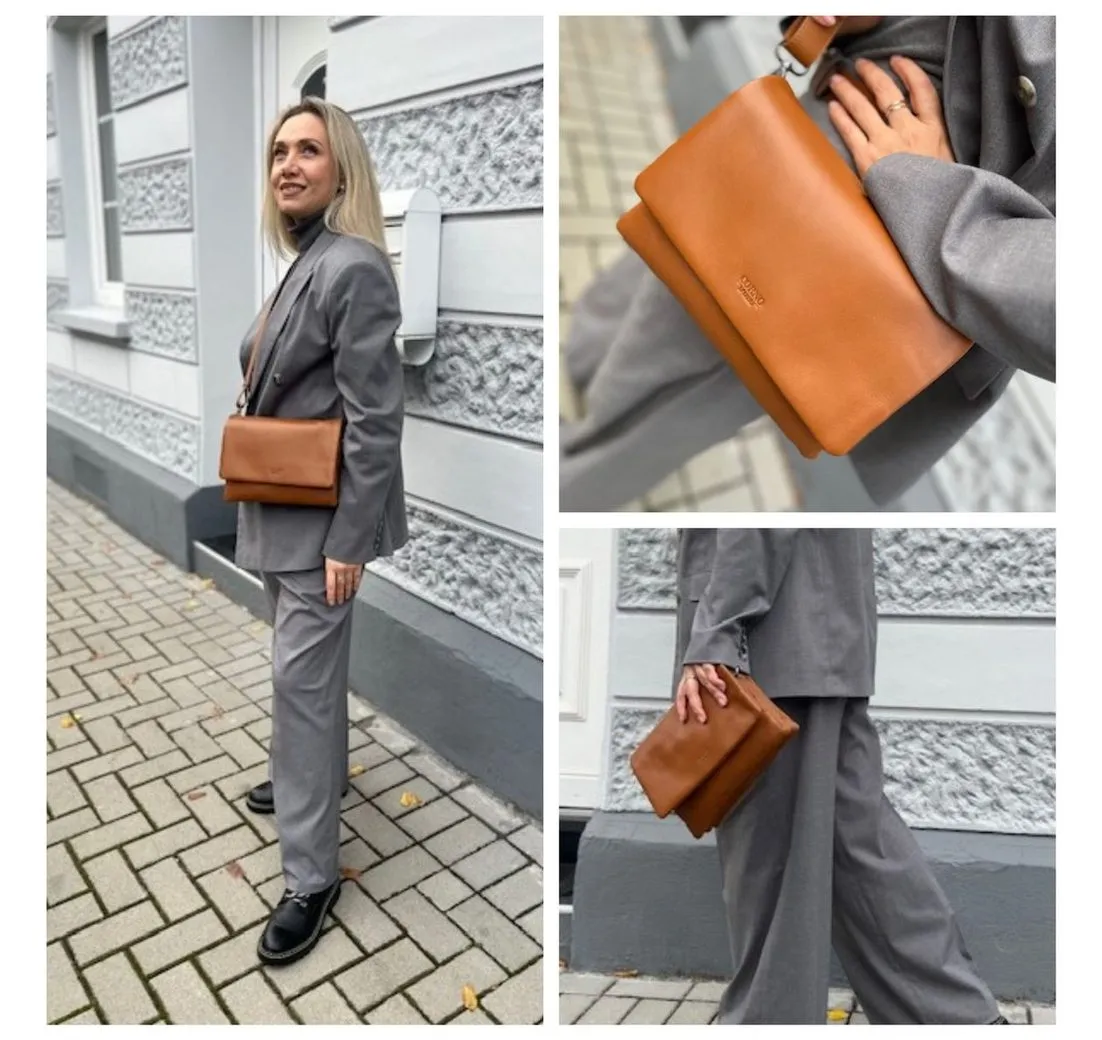 Corno d´Oro Schultertasche Damen Leder Klein Handmade Umhängetasche Echt Leder cognac, mit breitem verstellbarem Schultergurt; leichtes Gewicht von 370gr