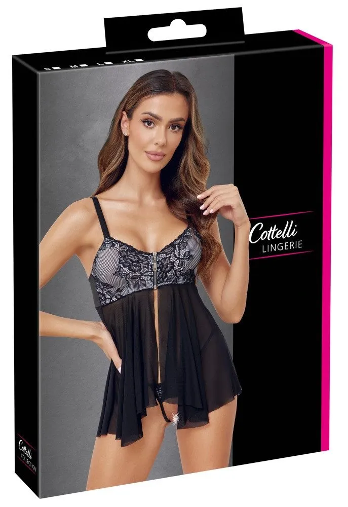 COTTELLI LINGERIE Babydollkleid Cottelli Collection Babydoll und String schwarz weiß S - XL Babydoll und String ouvert im Set