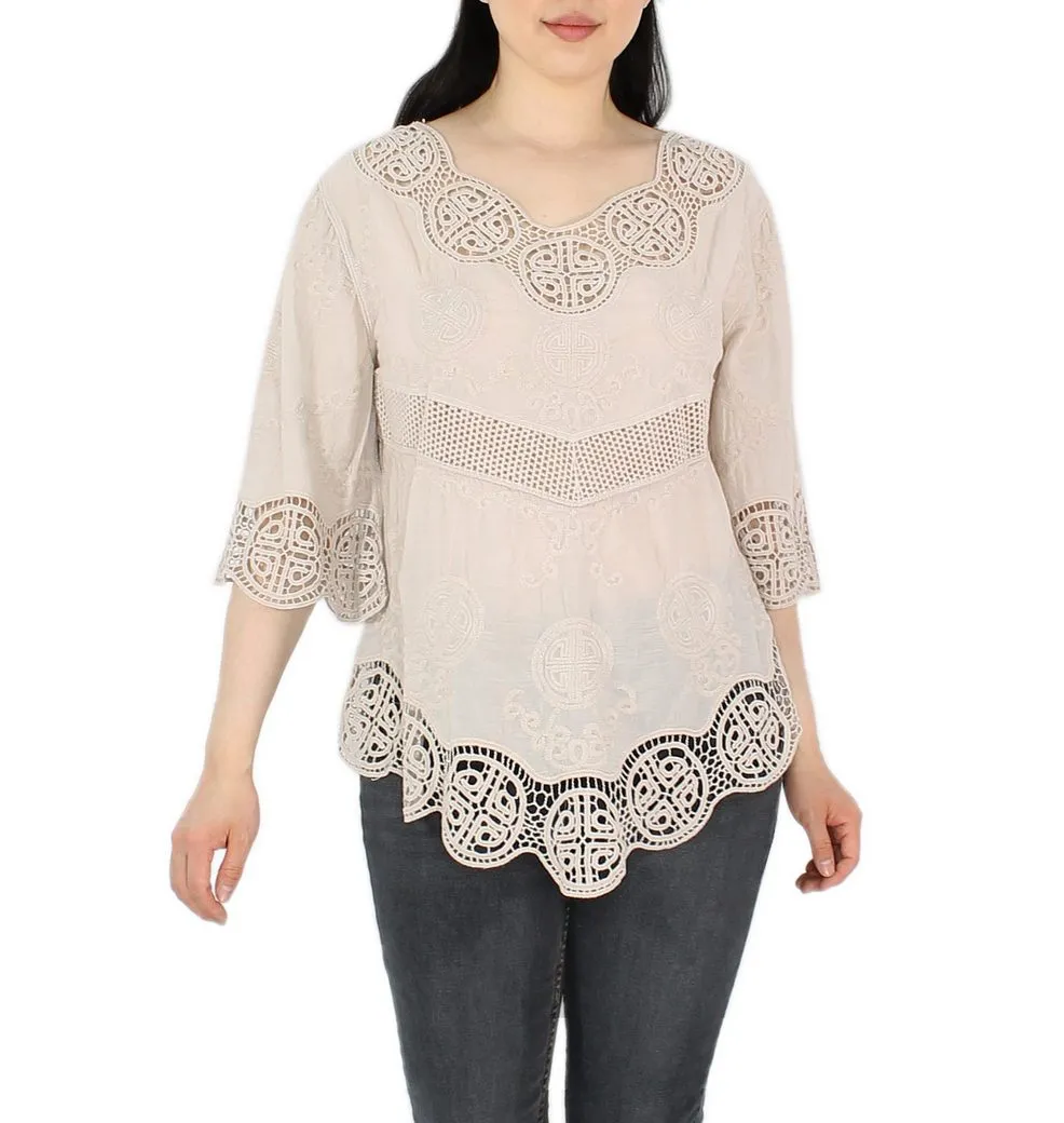 DY_MODE Tunika Damen Tunika 3/4 Arm mit Spitze – Leichte Baumwoll Bluse für Sommer mit Häkel-Einsätzen - leicht transparent