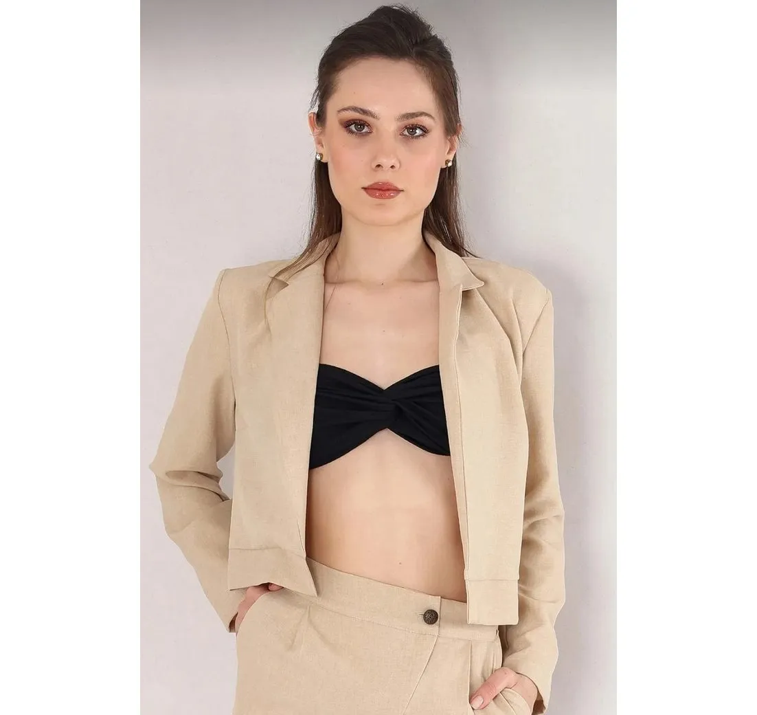 FASHIONSHOWCASE Kurzblazer Damen Crop Jacke Leinenoptik Offener Schnitt leicht