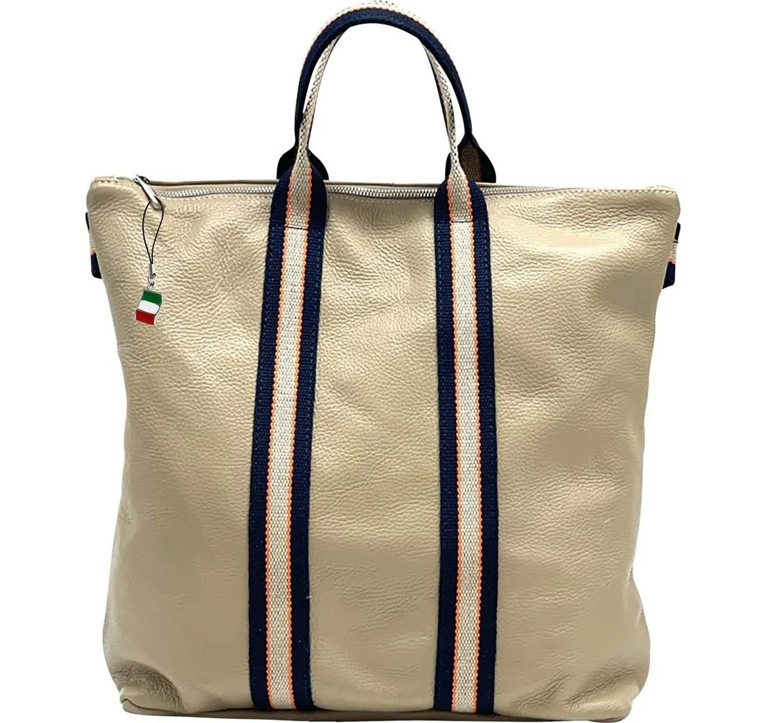 FLORENCE Handtasche Florence Rucksack Damen Daypack Echtleder (Cityrucksack), Damen Leder, Canvas Cityrucksack, taube, blau, beige ca. 43cm