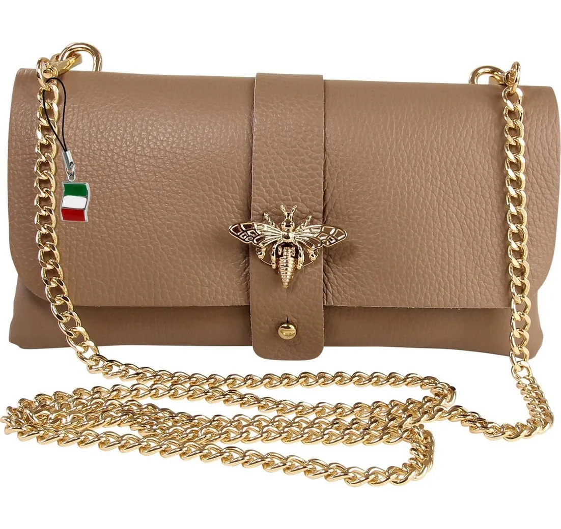 FLORENCE Schultertasche Florence Damen Schultertasche Clutch Biene (Schultertasche), Damen Leder Schultertasche, Clutch, taupe, beige ca. 23cm x ca. 12cm