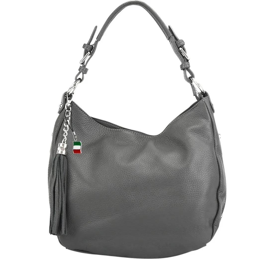 FLORENCE Schultertasche Florence Echtleder Damen Hobo Bag grau (Schultertasche), Damen Leder Schultertasche, Shopper, grau ca. 30cm