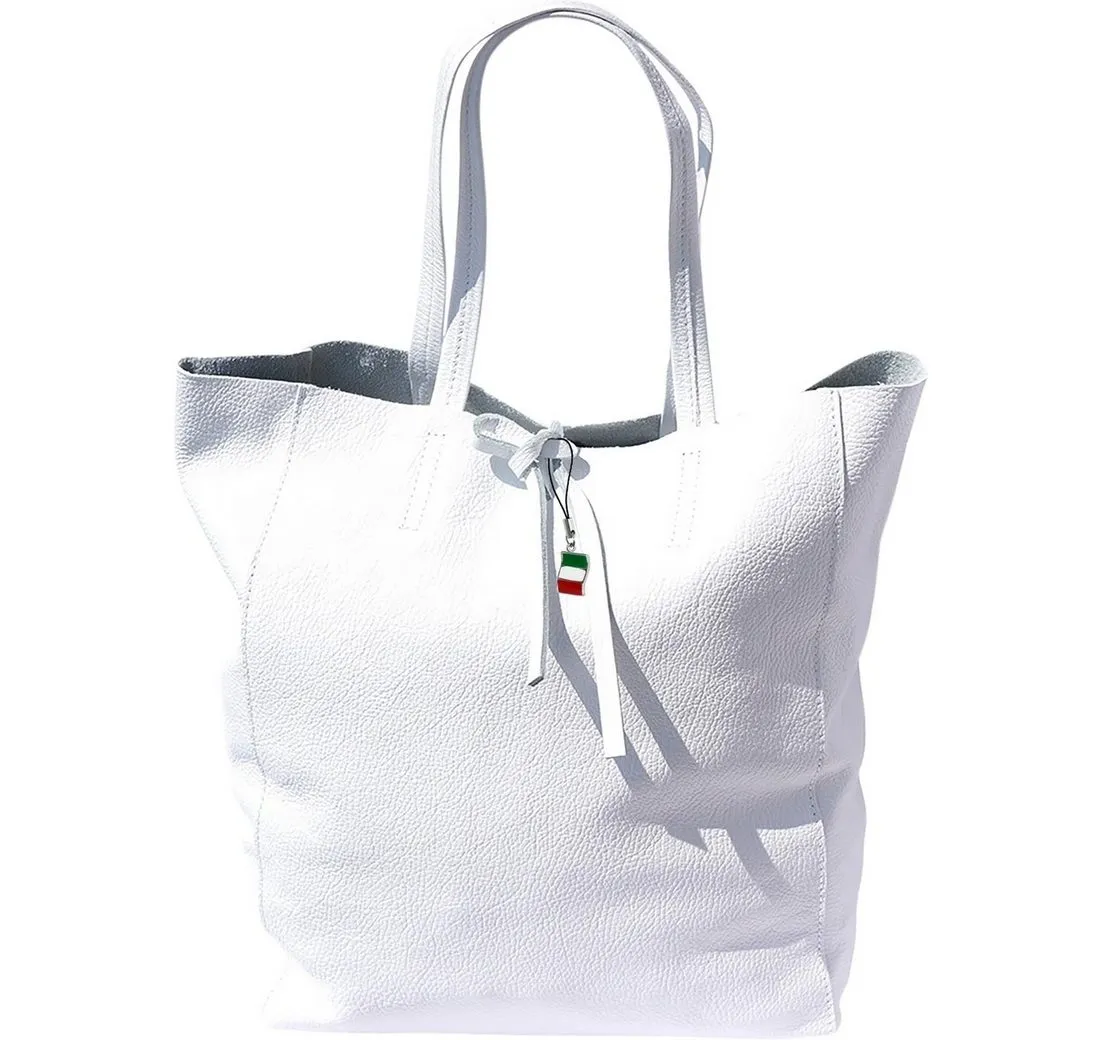 FLORENCE Schultertasche Florence ital. Echtleder Shopper weiß (Shopper), Damen Leder Shopper, Schultertasche, weiß ca. 30cm