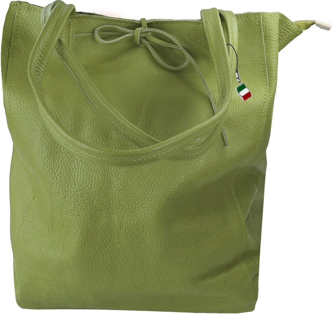 FLORENCE Schultertasche Florence ital. Shopper Echtleder Damen (Shopper), Damen Shopper, Schultertasche Leder, olivgrün ca. 28cm