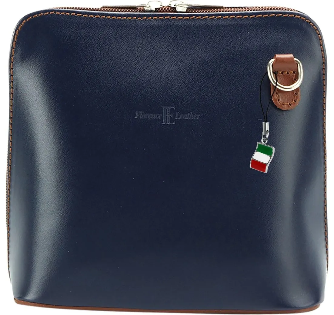 FLORENCE Schultertasche Florence Mini Damen Umhängetasche blau (Umhängetasche), Damen Leder Umhängetasche, Schultertasche, blau, braun ca. 17cm