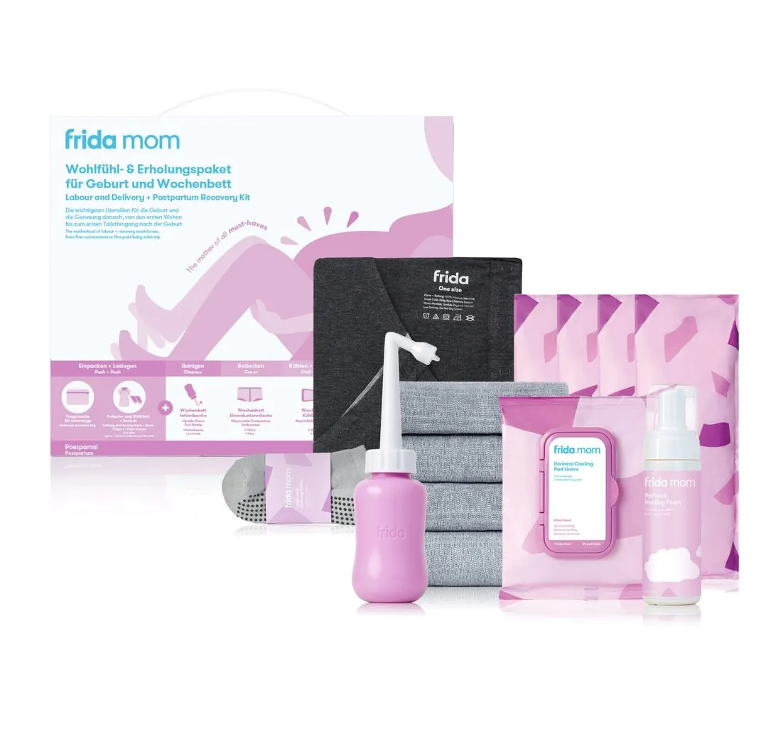 FRIDA Umstandspanty Frida Mom Set für Geburt & Wochenbett, Geburts-und Stillkleid, 4 x Einmalunterhosen, Intimpflege und Einlagen