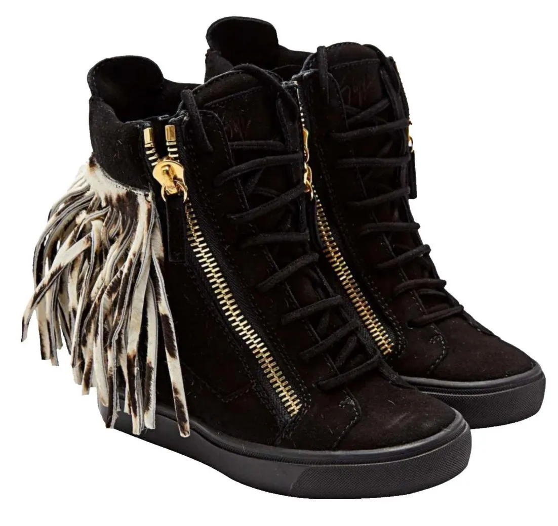 GIUSEPPE ZANOTTI DESIGN Lorenz Fringe Sneaker Schuhe Ponyfell Wildleder Limited Wedgesneaker Limitierte Produktion – seltene Sammlerstück