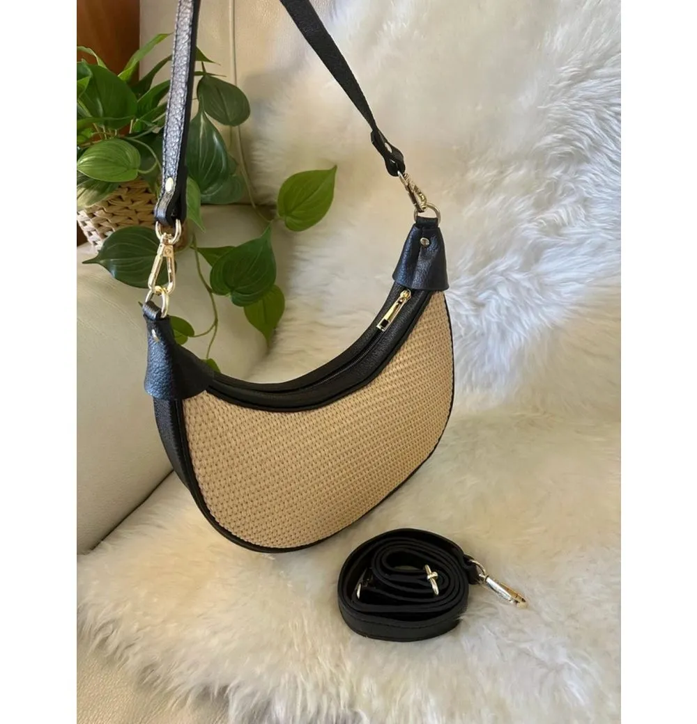 Goodman Design Handtasche Halbmondförmige Schultertasche aus Echtleder und Raffia, Stilvoll, leicht und vielseitig einsetzbar