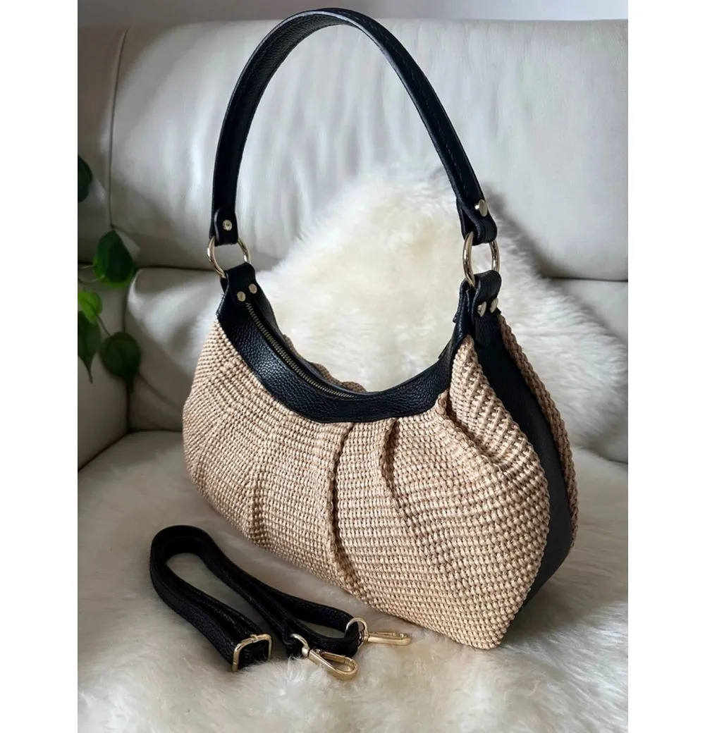 Goodman Design Schultertasche Raffiatasche mit Echtleder – Handgefertigte Eleganz aus Italien, Sorgfältige Verarbeitung von Nähten, Kanten und Verschlüssen
