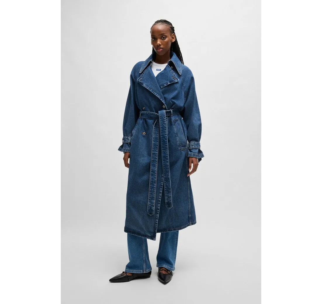 HUGO BLUE Trenchcoat Garena mit Taillengürtel, All Over Denim Fashion Piece Jeanstrenchcoat