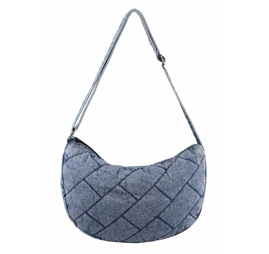 ITALYSHOP24 Schultertasche Damen Jeans Tasche Shopper Hobo-Bag CrossBody Crossover Brusttasche, Vintage Umhängetasche Runde MOON Bag Denim Vintage gesteppte Used Look