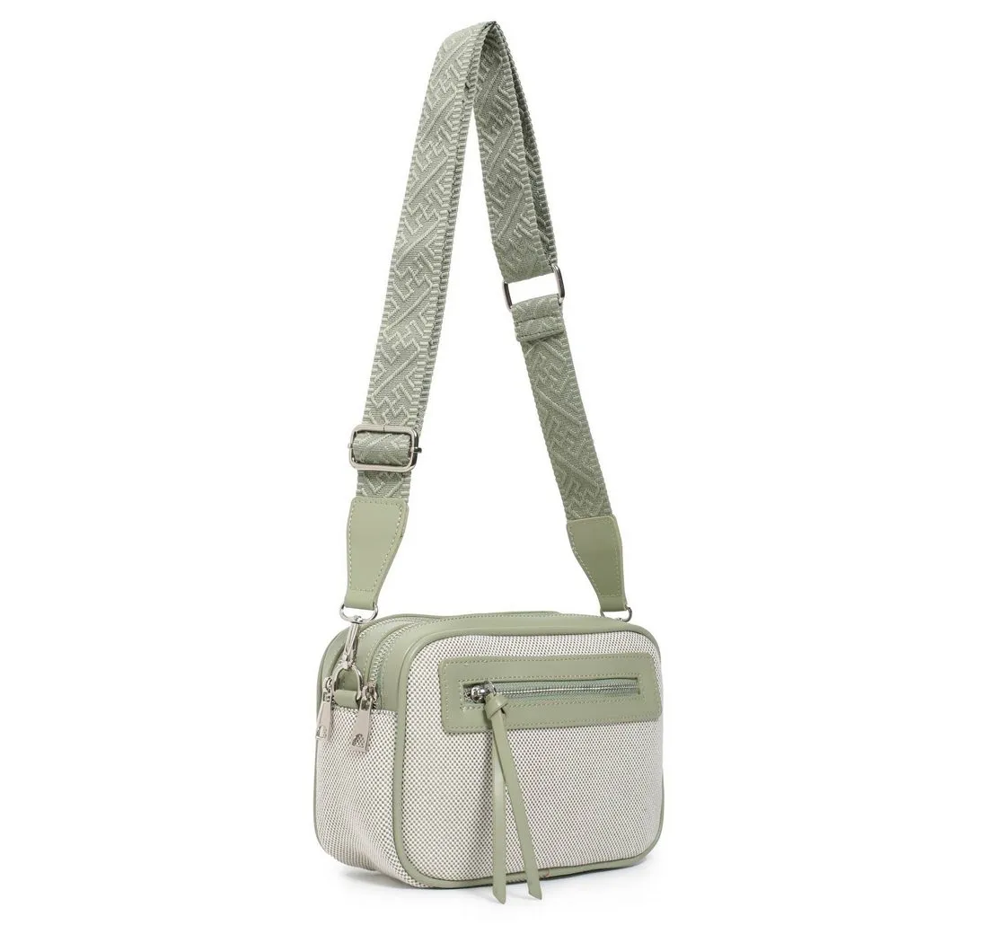 ITALYSHOP24 Schultertasche Damen Tasche Crossbody Canvas Umhängetasche Brusttasche Leder Optik (Spar-Set Clutch-Tasche mit einem breitem Muster Stoffgurt/Umhängeband), viele Fächer, Crossover Freizeit Damentasche Camera Bag Kosmetiktasche