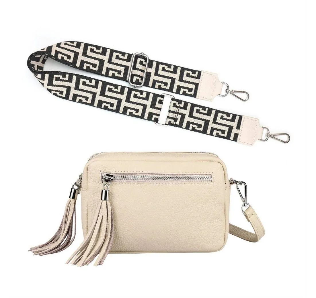 ITALYSHOP24 Schultertasche Made in Italy Damen Leder Tasche CrossOver Bag Echtleder Handytasche (Spar-Set aus einer Tasche mit dem Ledergurt und einem breitem Stoffgurt/Umhängeband, Crossbody Bag mit zusätzlichen Riemen), 1 Tasche & 2 Gurte Umhängetasche mit verstellbaren Schulterriemen Gurt