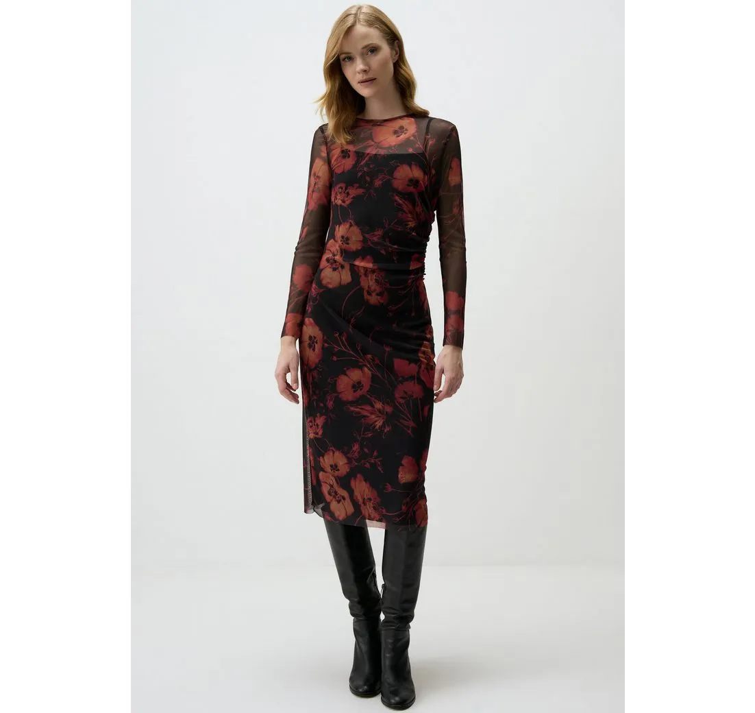 JIMMY KEY Minikleid Elegantes Schwarzes Midikleid Mit Blumenmuster Und Transparenten Ärmel