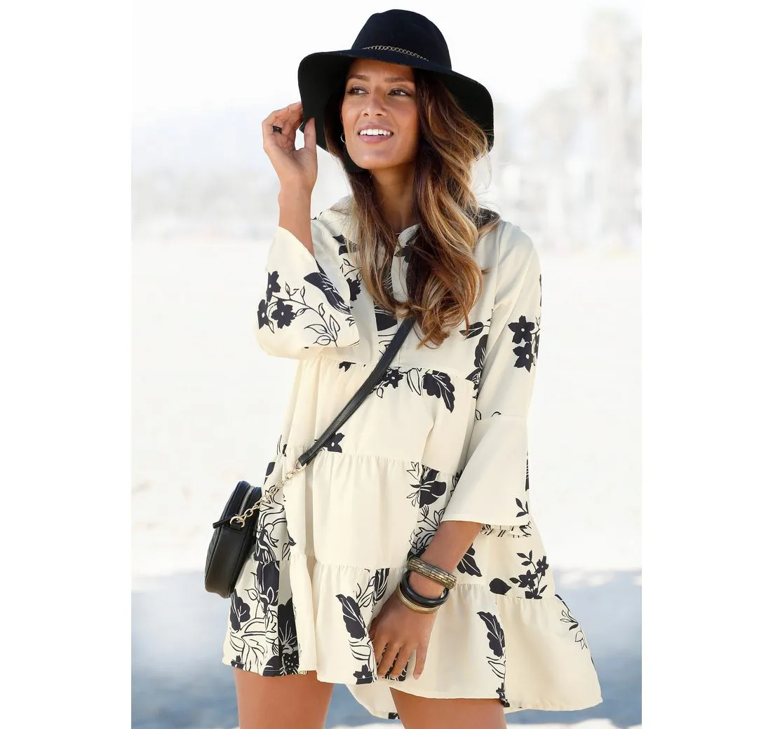 LASCANA Blusenkleid in weiter Form mit Volants und Blumenprint, Tunikakleid, Strandkleid