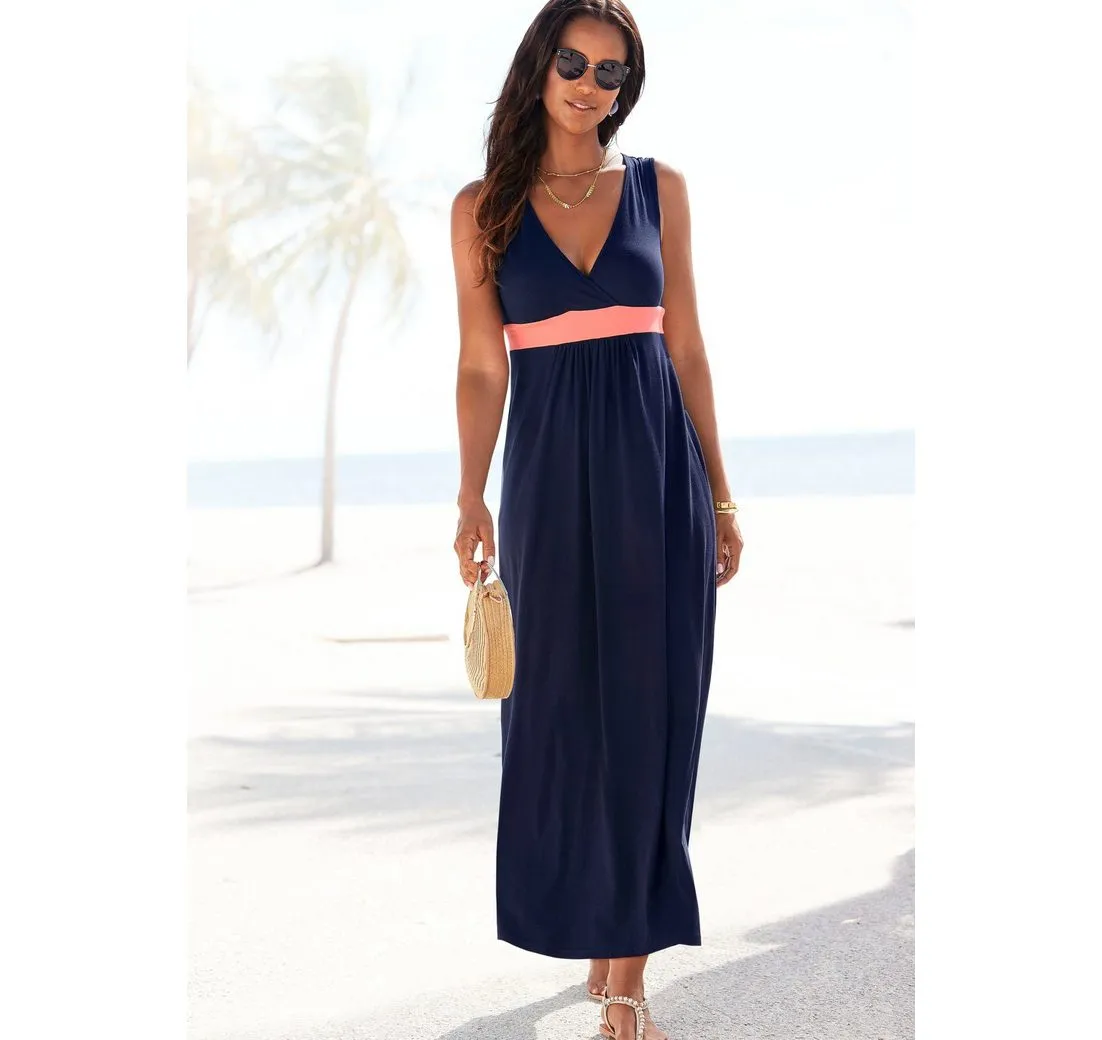 LASCANA Maxikleid mit farbigem Einsatz und V-Ausschnitt, Sommerkleid, Strandkleid