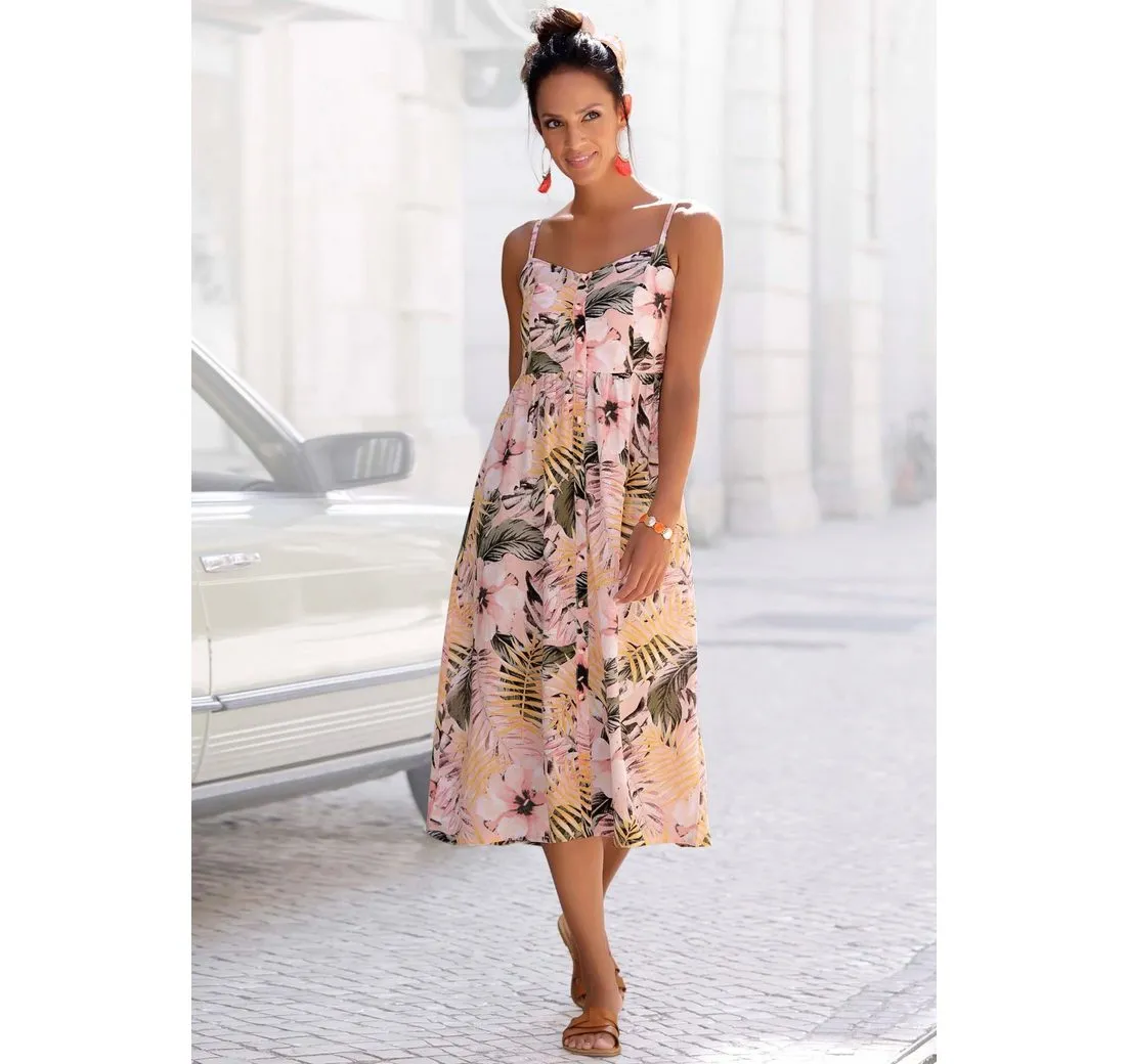 LASCANA Sommerkleid aus Leinenmix, Midikleid mit Knopfleiste vorne, Strandkleid