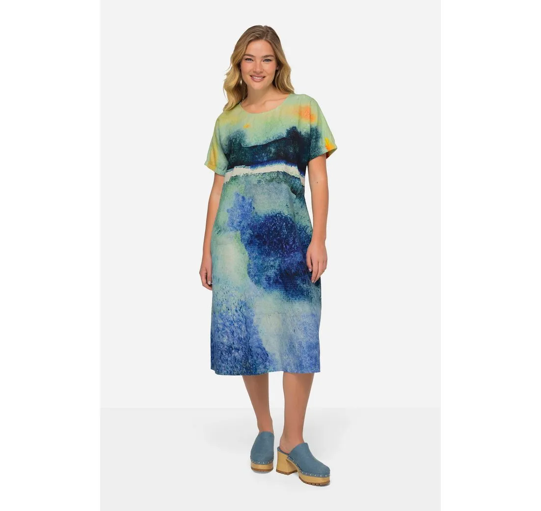 LAURASØN Midikleid Leinenmix-Kleid A-Line Landschafts-Print Rundhals