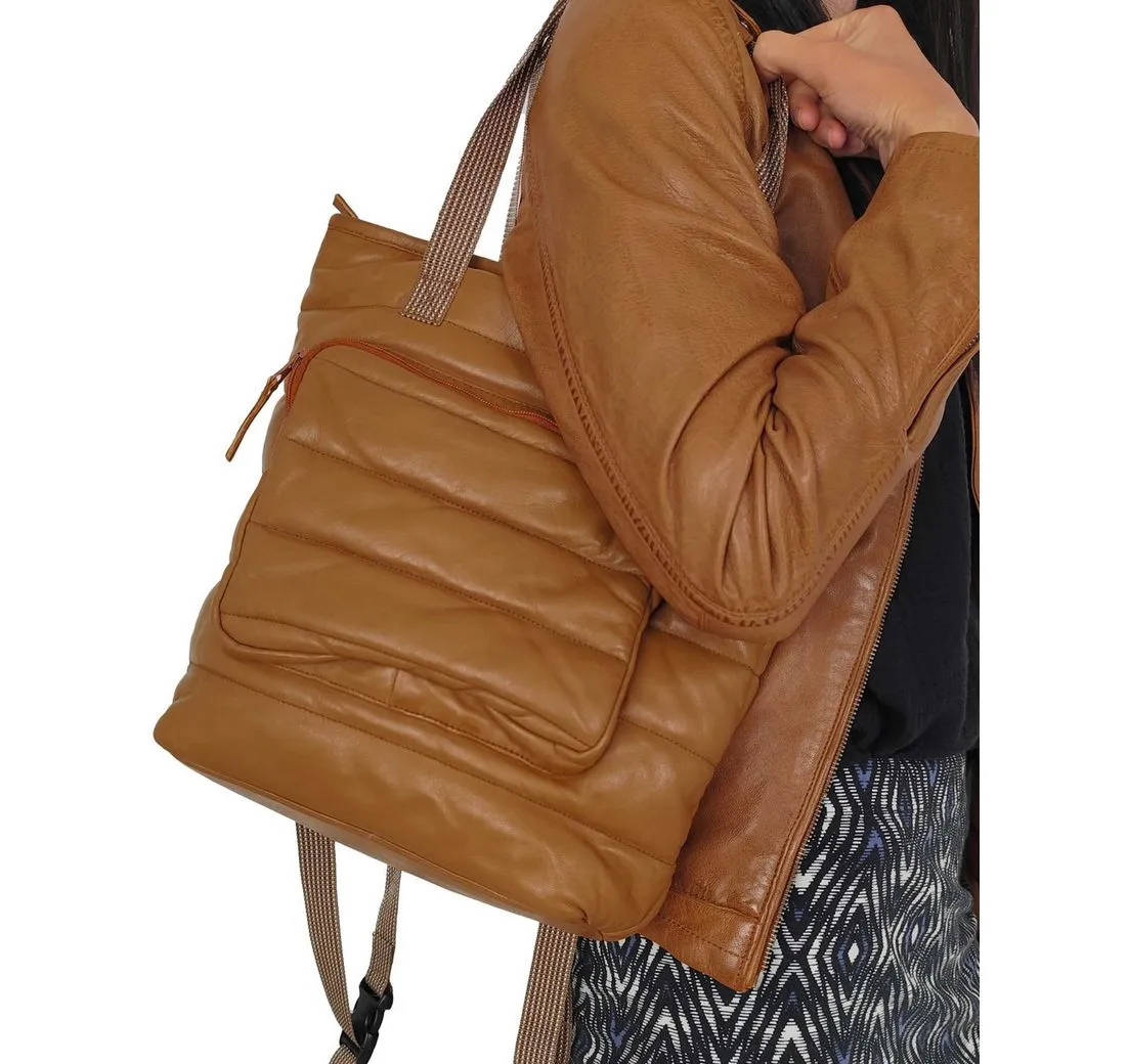 Lederjacken24 Handtasche Daypack-2, Damen Lederhandtasche Rucksack Lammnappa cognac