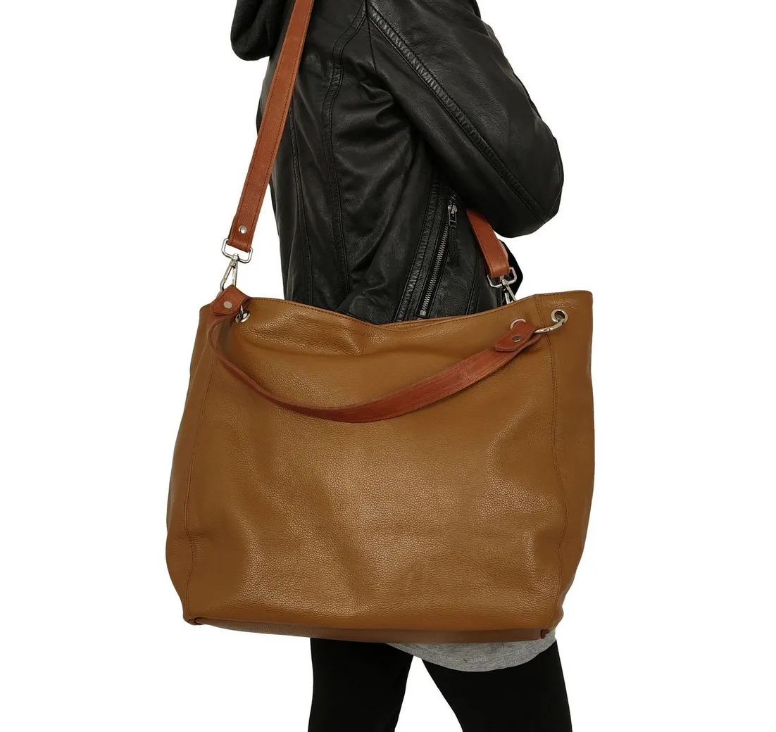 Lederjacken24 Handtasche Princess, Damen Lederhandtasche Shopper Rindnappa cognac