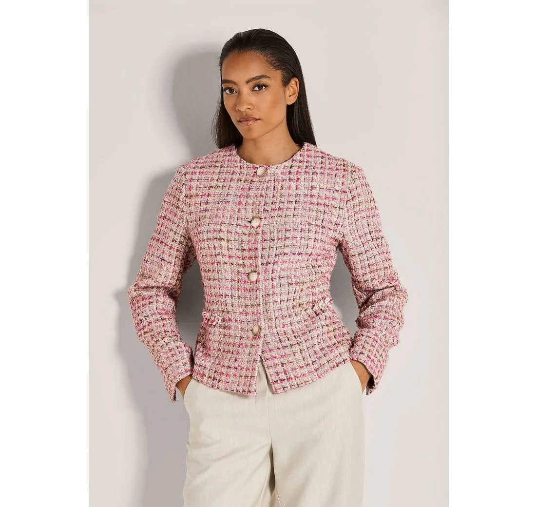 MADELEINE Kurzblazer Eleganter Businessblazer mit Hornknöpfen Kragenloser Blazer mit Glanzgarn und Langarm