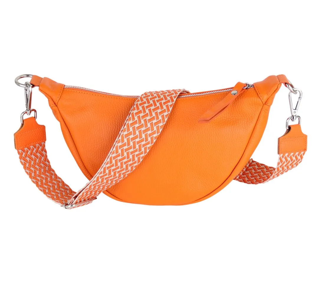 MIRROSI Schultertasche Damen Runde aus Echtleder, Made in Italy, Brusttasche,Umhängetasche (Tasche,Bauchtasche für jeden Anlass (1 Tasche & 2 Gurte), 33x17x10cm (BXHXT), Crossbody Bag, gemusterten& verstellbaren Schulterriemen