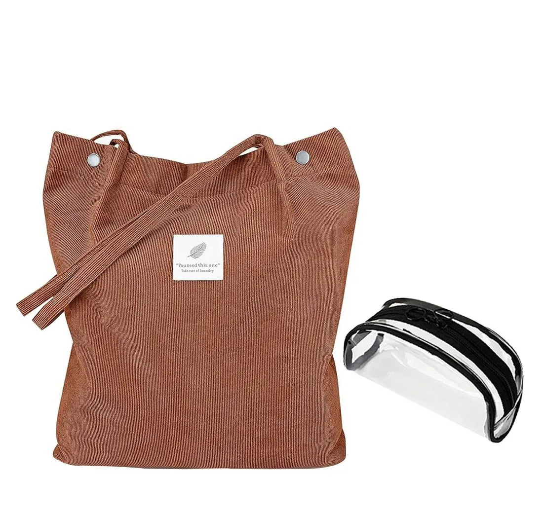 Mutig Schultertasche Große Damen-Umhängetasche aus Cord, Canvas-Tote, Handtasche (Mitgelieferte, wasserdichte, transparente PVC-Kulturtasche, Shopper Tasche Damen Groß, Tragetasche, Damentasche), Cordtasche für Schule, Arbeit, Büro, Reisen, Einkaufen und Alltag