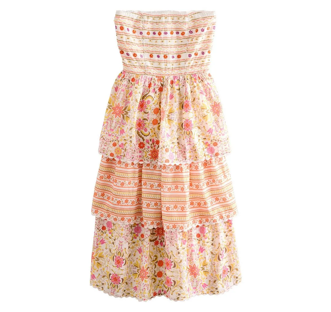 NEXT Bandeaukleid Elegantes gestuftes Bandeau-Maxikleid mit Print (1-tlg)