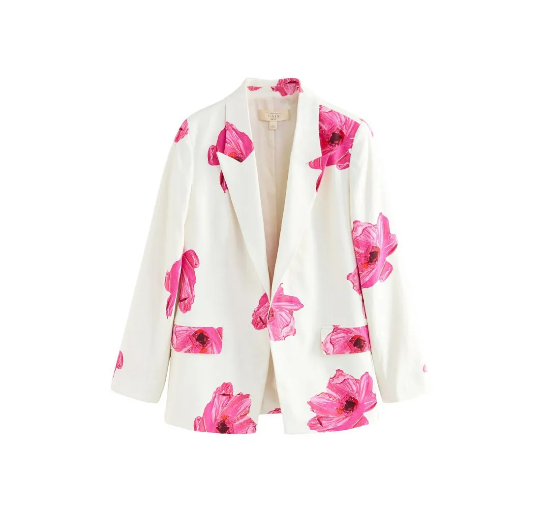 NEXT Jackenblazer Blazer mit Blumen-Print und Leinen, Kurzgröße (1-tlg)