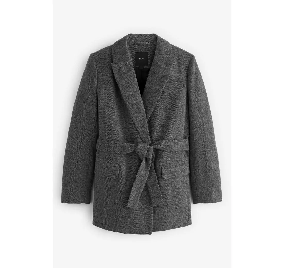 NEXT Jackenblazer Tweed-Blazer Fischgrätmuster mit Gürtel, Kurzgröße (1-tlg)