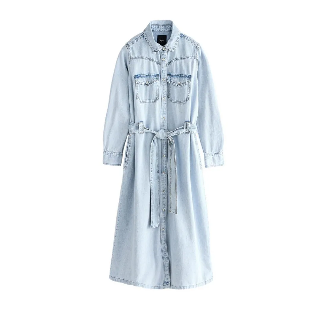 NEXT Jeanskleid Jeans-Midikleid mit gestuftem Frontsaum (1-tlg)