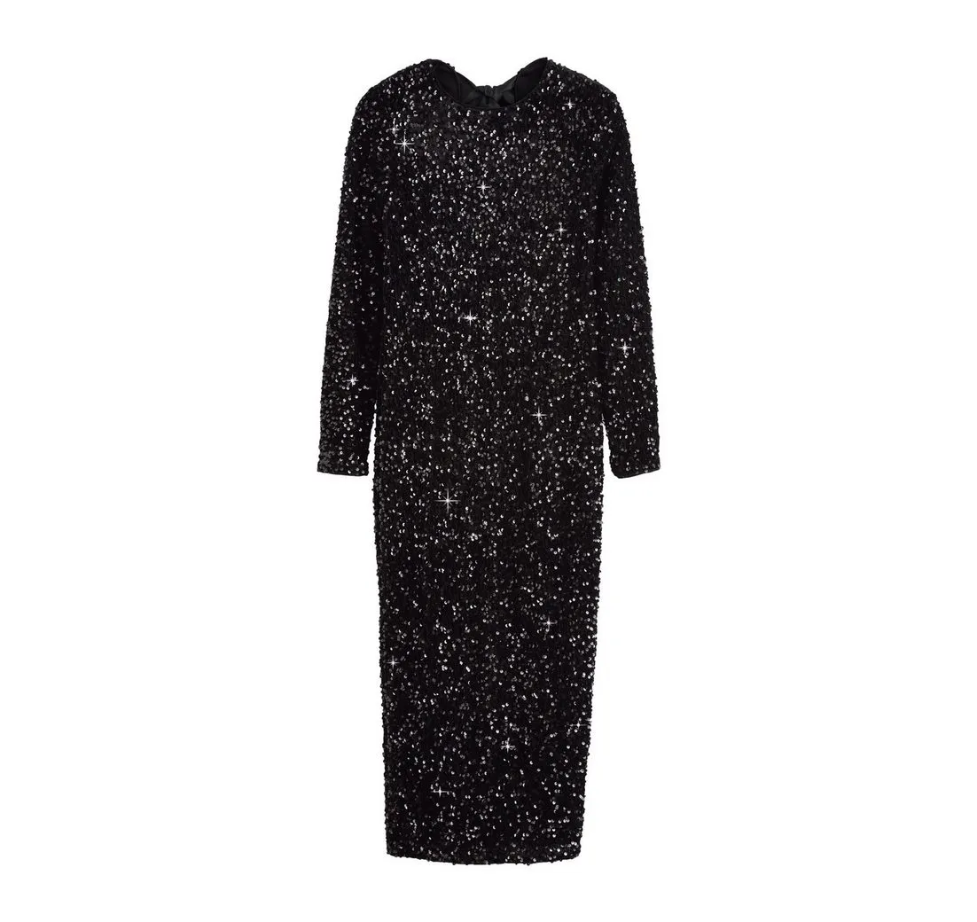 NEXT Midikleid Langarm-Midikleid mit Pailletten + Rückenschleife (1-tlg)