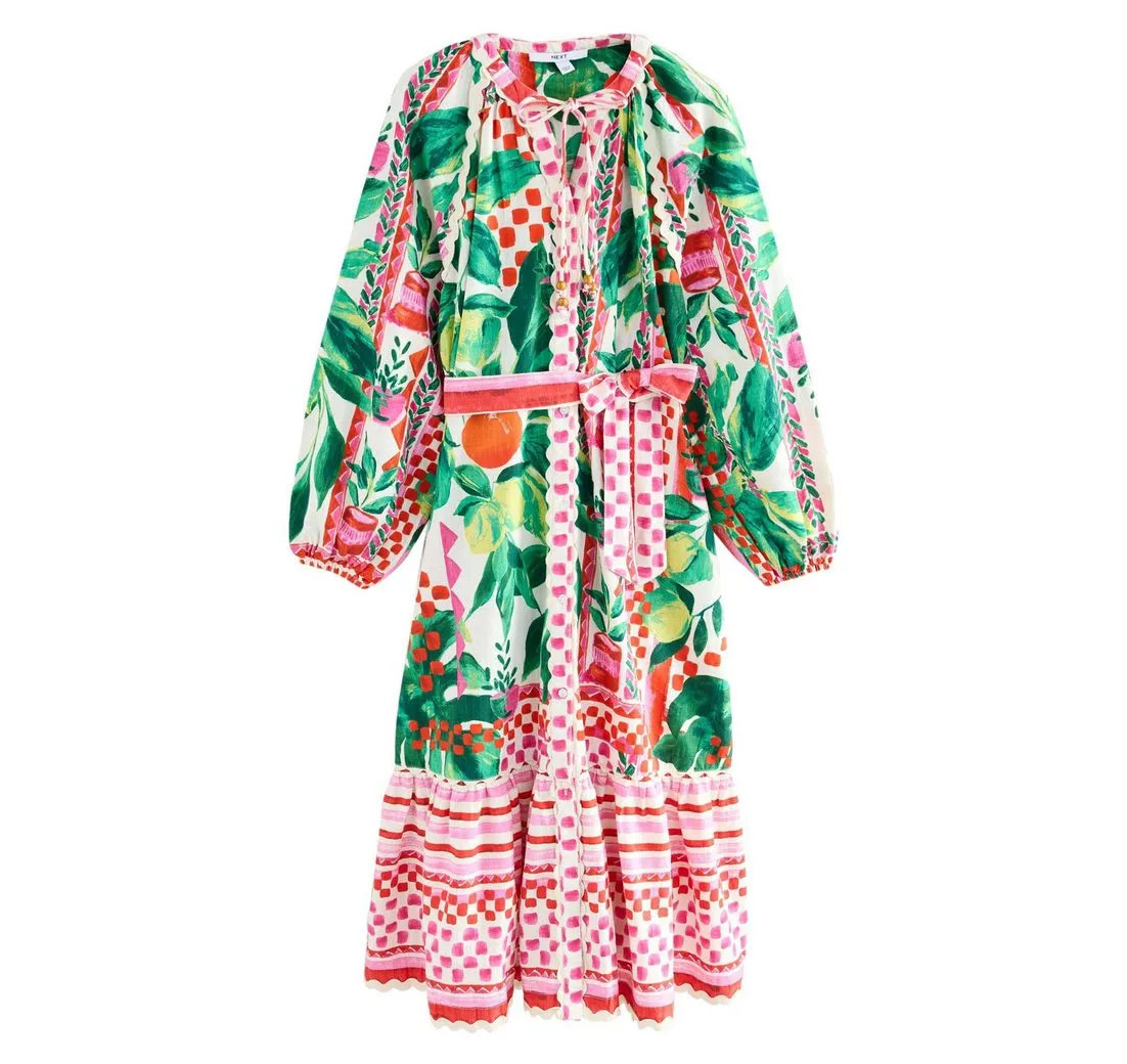 NEXT Midikleid Midi-Hemdblusenkleid mit Bindegürtel aus Baumwolle (1-tlg)