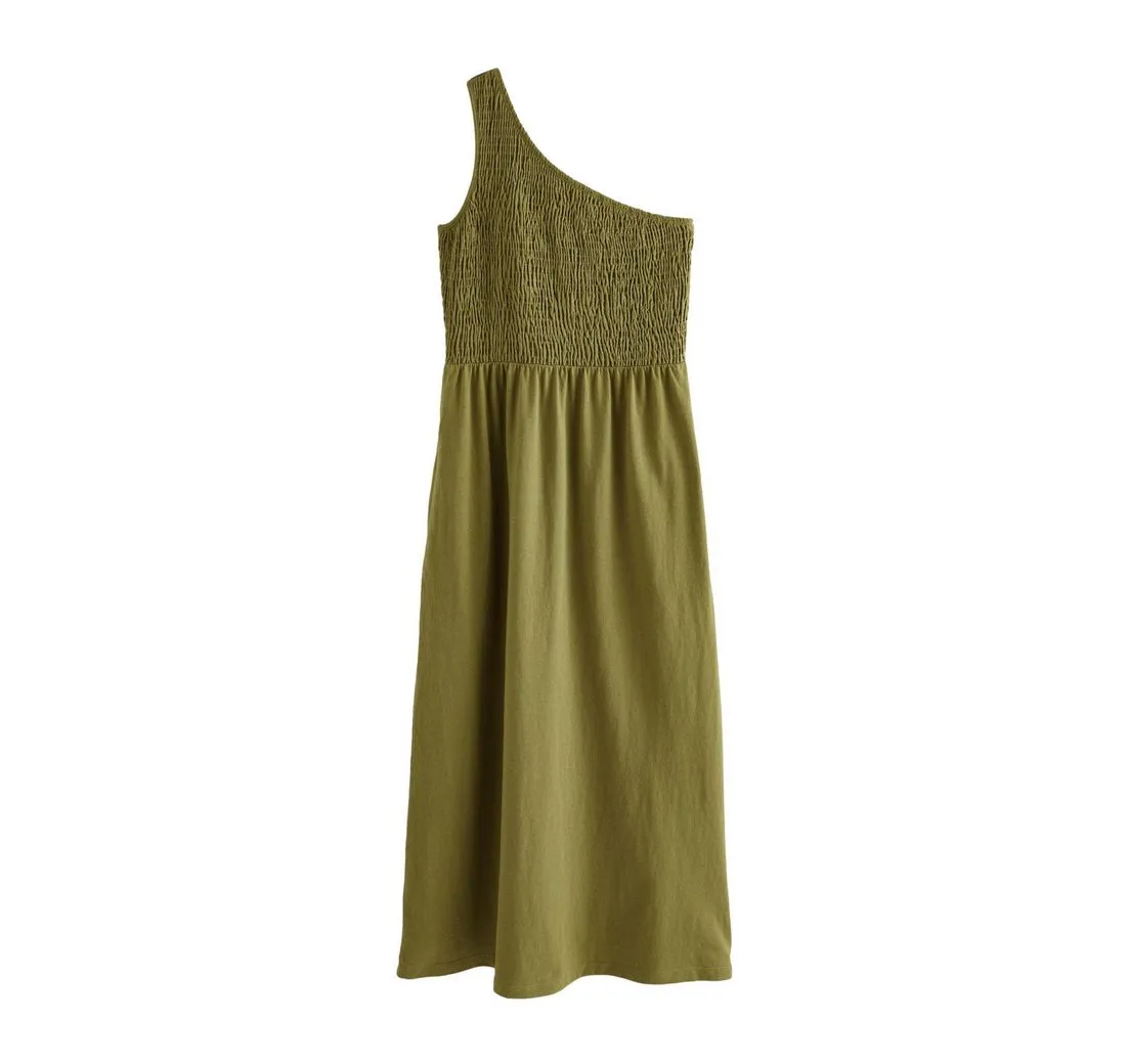 NEXT Midikleid Schulterfreies, gerafftes Midikleid, Baumwolle (1-tlg)
