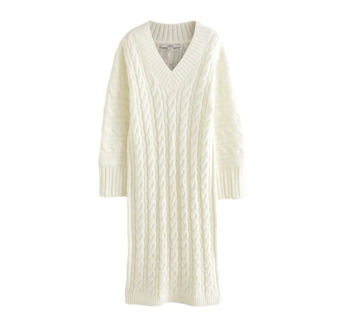 NEXT Strickkleid Midi-Strickkleid mit Zopfmuster und V-Ausschnitt (1-tlg)