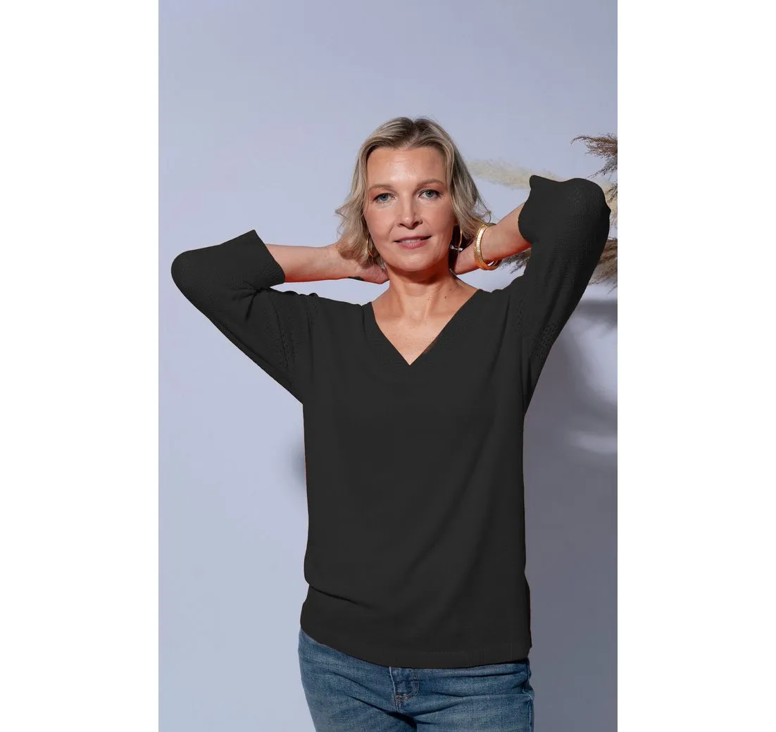 PASSIONI 3/4 Arm-Pullover mit perforierten V-ausschnitt Perforierte Ärmel