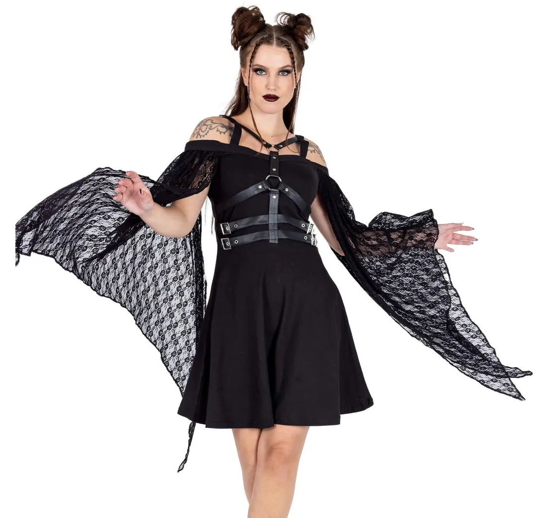 POIZEN INDUSTRIES Minikleid Estelle Gothic Goth Punk Spitze Kunstleder Harness